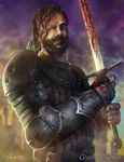  2013 a_song_of_ice_and_fire armor beard belt blood blood_on_face bloody_hands bloody_weapon brown_hair chainmail cloud cloudy_sky copyright_name facial_hair full_armor game_of_thrones gauntlets highres long_hair looking_at_viewer male_focus manly photorealistic realistic sandor_clegane scar shoulder_armor signature silhouette sky solo spaulders steven_donegani sword weapon 