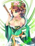  agrt armpits bad_id bad_pixiv_id breasts brown_hair cleavage closed_fan collarbone dress earrings fan fang flower folding_fan green_dress green_eyes hair_flower hair_ornament highres jewelry large_breasts long_sleeves necklace original pendant shawl solo wide_sleeves 