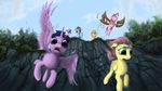  applejack_(mlp) arthropod blonde_hair blue_eyes blue_fur bushes butterfly cliff cloud clouds cutie_mark dive equine eyes_closed falling feathers female fluttershy_(mlp) friendship_is_magic fur grass green_eyes group hair hat hi_res horn horse insect jumping lasso mammal multi-colored_hair my_little_pony open_mouth orange_fur outside pegasus pink_fur pink_hair pinkie_pie_(mlp) pony purple_eyes purple_fur purple_hair rainbow_dash_(mlp) rainbow_hair rarity_(mlp) rocks signature sky tears twilight_sparkle_(mlp) unicorn white_fur widescreen winged_unicorn wings yakovlev-vad yellow_fur 