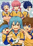  anger_vein blue_eyes blue_hair blush brown_hair closed_eyes headband inazuma_eleven_(series) inazuma_eleven_go kageyama_hikaru kariya_masaki kirino_ranmaru lightning_bolt male_focus matsukaze_tenma multiple_boys nishizono_shinsuke open_mouth pink_hair purple_hair raimon riho soccer_uniform sportswear star tears tsurugi_kyousuke twintails yellow_eyes 