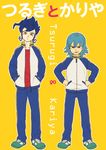  aqua_hair blue_hair hands_in_pockets inazuma_eleven_(series) inazuma_eleven_go jacket kariya_masaki long_hair male_focus multiple_boys open_mouth riho simple_background standing track_jacket tsurugi_kyousuke yellow_eyes 