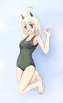 animal_ears armpits blonde_hair blue_eyes dog_ears helma_lennartz jumping long_hair one-piece_swimsuit open_mouth rasielcochma solo swimsuit world_witches_series 