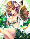  adapted_costume agrt bad_id bad_pixiv_id bra breasts brown_hair cleavage double_bun earrings fan flower folding_fan green_bra green_eyes green_skirt hair_flower hair_ornament hair_stick hand_on_own_chest highres jewelry large_breasts layered_skirt looking_at_viewer navel necktie original skirt stomach underwear 