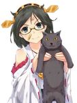 bandaid bare_shoulders black_hair blue_eyes cat detached_sleeves glasses hairband ichiman_nisen_yen japanese_clothes kantai_collection kirishima_(kantai_collection) messy_hair miko paw_print short_hair smile solo white_background 