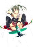  aiming archery blush boots bow_(weapon) drawing_bow gloves hair_ribbon infinote japanese_clothes kantai_collection kyuudou long_hair muneate partly_fingerless_gloves ribbon single_glove skirt solo spread_legs thigh_boots thighhighs torn_clothes twintails weapon yugake zuikaku_(kantai_collection) 