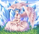  angel_wings blue_eyes blue_hair blue_sky bow cloud day dress grass hair_bow hair_ribbon ice mai_(touhou) outdoors ribbon short_hair sky smile touhou touhou_(pc-98) villyane wings 