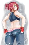  ass bad_id bad_pixiv_id bike_shorts butt_crack crop_top fingerless_gloves folded_ponytail gloves green_eyes highres looking_back nexas open_mouth original panties pulled_by_self red_hair short_hair shorts shorts_pull solo steaming_body sweat underwear 