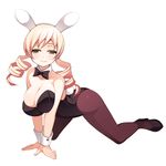  animal_ears bare_shoulders blonde_hair blush bow bowtie breasts bunny_ears bunny_girl bunny_tail bunnysuit cleavage detached_collar drill_hair large_breasts looking_at_viewer mahou_shoujo_madoka_magica pantyhose simple_background smile solo tail tomoe_mami torigoe_takumi twin_drills twintails white_background wrist_cuffs yellow_eyes 
