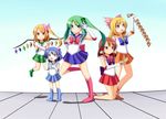  alternate_hairstyle back_bow bare_legs bishoujo_senshi_sailor_moon blonde_hair blue_eyes blue_footwear blue_hair blue_sailor_collar blue_skirt boots bow brooch brown_eyes brown_hair bubble choker cosplay crystal elbow_gloves flandre_scarlet frog_hair_ornament gloves green_footwear green_hair green_sailor_collar green_skirt hair_bow hair_ornament hair_tubes hakurei_reimu high_heels inner_senshi jewelry kawashiro_nitori kirisame_marisa kochiya_sanae long_hair magical_girl multiple_girls nitizyo no_choker ofuda orange_sailor_collar orange_skirt pink_bow red_bow red_eyes red_sailor_collar red_skirt sailor_collar sailor_jupiter sailor_jupiter_(cosplay) sailor_mars sailor_mars_(cosplay) sailor_mercury sailor_mercury_(cosplay) sailor_moon sailor_moon_(cosplay) sailor_senshi sailor_senshi_uniform sailor_venus sailor_venus_(cosplay) satou_rina seiyuu_connection short_hair side_ponytail skirt snake_hair_ornament touhou venus_love_me_chain white_gloves wings 