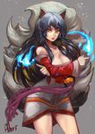  ahri animal_ears bare_shoulders black_hair blue_fire breast_hold breasts character_name cleavage collarbone danann detached_sleeves fire fireball fox_ears fox_tail large_breasts league_of_legends lips long_hair multiple_tails parted_lips simple_background solo tail yellow_eyes 