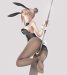  :q animal_ears ass between_legs breasts brown_hair bunny_ears bunny_girl bunny_tail bunnysuit detached_collar feet fingernails fishnet_pantyhose fishnets from_behind from_below hair_bun hand_between_legs highres large_breasts legs leotard nail_polish original pantyhose pole red_eyes rokusai sideboob solo tail thighs toes tongue tongue_out wrist_cuffs 