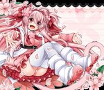  animal_ears arm_warmers bad_id bad_pixiv_id blush bow breasts cat_ears cat_tail comomo_(tk) flower hair_bow hair_flower hair_ornament large_breasts long_hair open_mouth original outstretched_arms outstretched_hand panties paw_shoes petals pink pink_background pink_hair shoes smile solo tail takatsuki_ichi thighhighs underwear white_legwear 