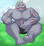  5_toes anthro barefoot biceps big_muscles bubble digitigrade erection fangs grey_skin hindpaw holding_penis human_feet machoke male muscles nintendo paws pecs penis penis_grab plantigrade pok&#233;mon pok&eacute;mon pokemon_amie pose precum red_eyes sitting soles solo thegreatmatsutzu toes video_games 