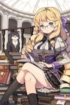  bad_id bad_pixiv_id blonde_hair book_stack bow cat crossed_legs drill_hair green_eyes hair_bow kneehighs library loafers long_hair original school_uniform shoes sitting skirt solo very_long_hair youm 