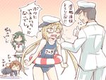  3_3 3girls admiral_(kantai_collection) anger_vein bespectacled blonde_hair blush clenched_hands cosplay crescent e20 eyepatch eyewear_removed glasses hand_on_shoulder i-8_(kantai_collection) i-8_(kantai_collection)_(cosplay) innertube kantai_collection kiso_(kantai_collection) long_hair look-alike low_twintails megane_megane mochizuki_(kantai_collection) multiple_girls name_tag open_mouth satsuki_(kantai_collection) school_swimsuit shouting spoken_anger_vein swimsuit tears thumbs_up translated twintails yellow_eyes 