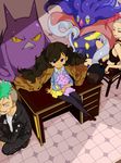  2girls adashino_(kuusou_missile) blue_eyes braid brown_hair crobat dark_skin espurr gen_2_pokemon gen_6_pokemon highres jacket long_hair malamar matiere_(pokemon) multiple_girls pantyhose patches pokemon pokemon_(creature) pokemon_(game) pokemon_xy punk_girl_(pokemon) punk_guy_(pokemon) skirt smile sweater tentacle_hair torn_clothes trench_coat twin_braids 