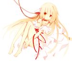  bare_legs bare_shoulders barefoot blonde_hair cable chii chobits choker dress full_body long_hair long_legs nayu_(rhododendron) off_shoulder robot_ears solo strapless strapless_dress white_background white_dress yellow_eyes 