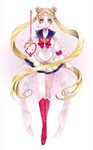  back_bow bishoujo_senshi_sailor_moon blonde_hair blue_sailor_collar boots bow brooch bud89 choker double_bun elbow_gloves full_body gloves green_eyes hair_ornament hairpin heart heart_choker holding holding_wand jewelry kaleidomoon_scope knee_boots long_hair magical_girl multicolored multicolored_clothes multicolored_skirt red_bow ribbon sailor_collar sailor_moon sailor_senshi_uniform skirt smile solo super_sailor_moon tiara tsukino_usagi twintails wand white_gloves 