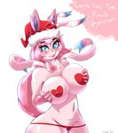  &lt;3 anthro big big_breasts blue_eyes bow breasts brown_nose camel_toe canine christmas clothing eeveelution english_text eyelashes female fur hair hand_on_breasts happy hat headgear hi_res holidays long_ears long_hair looking_at_viewer mammal navel nintendo nipples pink_fur pink_hair plain_background plankboy pok&#233;mon pok&#233;morph pok&eacute;mon pussy raised_arm roxie_(character) shadow shiny smile smirk solo standing sylveon text thong underwear video_games white_background white_eyes white_fur 
