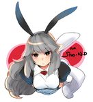  animal_ears arms_behind_back blush bunny_ears character_request grey_hair long_hair looking_at_viewer naso4 red_eyes short_sleeves simple_background solo triangle_mouth upper_body white_background 
