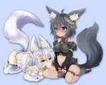  animal_ear_fluff animal_ears black_hair breasts brown_eyes clover crop_top detached_sleeves eyebrows four-leaf_clover fox_ears fox_tail halterneck highres jewelry large_breasts midriff mofuaki mouth_hold multiple_girls navel no_pants original panties paws sitting skirt skirt_lift striped striped_panties tail thick_eyebrows thighhighs underwear white_eyes white_hair 