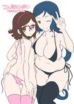  2girls ass bikini black_bikini black_legwear blue_hair blush breasts brown_eyes brown_hair butt_crack cleavage covered_nipples erect_nipples glasses green_eyes gundam gundam_build_fighters hair_ornament hairband huge_breasts iori_rinko kousaka_china leggings legwear long_hair looking_back micro_bikini milf mudou_eichi multiple_girls navel nipples pink_bikini pink_legwear ponytail short_hair simple_background sketch small_breasts smile string_bikini sweat sweatdrop swimsuit thighhighs thighs undressing v white_background wide_hips wink 