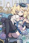  ass babydoll bad_id bad_pixiv_id blonde_hair blush breasts cat choker cleavage corded_phone couch flower green_eyes hair_flower hair_ornament jewelry long_hair medium_breasts necklace original panties phone rose rotary_phone smile solo thighhighs twintails underwear youm 