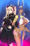  2girls absurdres animal_ears black_dress blonde_hair bracelet breasts chains covered_nipples dark_skin dress earrings egyptian egyptian_clothes ereshkigal_(fate/grand_order) facepaint facial_mark fate/grand_order fate_(series) hairband highres hoop_earrings jackal_ears jewelry large_breasts long_hair low-tied_long_hair midriff mizuumi_(bb) multiple_girls nitocris_(fate/grand_order) open_mouth puffy_nipples purple_eyes purple_hair red_eyes red_ribbon ribbon shiny simple_background skull smile very_long_hair 