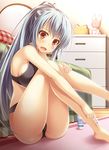  armpits bed breasts brown_eyes chest_of_drawers exe_(xe) large_breasts long_hair original panties ponytail razor shaving sideboob silver_hair sitting solo sports_bra stuffed_animal stuffed_bunny stuffed_toy surprised underwear underwear_only very_long_hair 