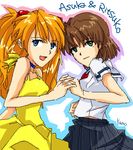  2girls akagi_ritsuko dress hand_holding kamo. lowres multiple_girls neon_genesis_evangelion neon_genesis_evangelion_(manga) school_uniform soryu_asuka_langley sundress time_paradox young younger 