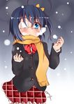  black_hair blue_eyes chuunibyou_demo_koi_ga_shitai! eyepatch highres scarf school_uniform shi_ecchi short_hair side_ponytail snow solo takanashi_rikka unmoving_pattern 