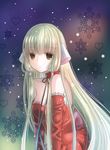  :o bangs bare_shoulders blonde_hair blunt_bangs brown_eyes chii chobits choker detached_sleeves dress gradient gradient_background hair_tubes heart highres long_hair parted_lips red_dress robot_ears small_big_dot snowflakes snowing solo 