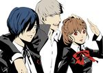  2boys blue_hair brown_hair female_protagonist_(persona_3) grey_eyes grey_hair multiple_boys nanaya_(daaijianglin) narukami_yuu persona persona_3 persona_3_portable persona_4 red_eyes school_uniform yuuki_makoto 