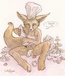  apron baking balls canine chef cream dialog english_text erection fennec fox long_ears looking_at_viewer male mammal nipples pastry penis plain_background pubes sicklyhypnos sitting solo strawberry text uncut white_background yellow_eyes 