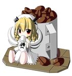  absurdres bad_id bad_pixiv_id blonde_hair coffee_beans cup dress drill_hair drinking fairy_wings hat hat_ribbon highres long_sleeves looking_at_viewer luna_child minigirl mug red_eyes ribbon sawada_(yoshiki) simple_background slippers solo touhou white_background wings 