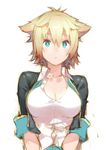  animal_ears black_hair blonde_hair blue_eyes blush breasts cleavage_cutout gj-bu kirara_bernstein large_breasts looking_at_viewer multicolored_hair shirt short_hair sleeves_rolled_up solo taut_clothes taut_shirt two-tone_hair v_arms yasu 