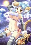  :d absurdres animal_ears antenna_hair arm_up bangs bell bikini black_legwear blue_hair bow bow_panties bra breasts cait_sith_(genkai_tokki_monster_monpiece) cat_ears cat_tail cleavage clenched_hand cloud evemoina fang fingernails from_side full_moon fur_trim genkai_tokki_monster_monpiece gradient_hair high_ponytail highres holding impossible_clothes jingle_bell large_breasts long_fingernails lowleg lowleg_panties moon multicolored_hair navel night night_sky official_art open_mouth outdoors panties parted_bangs paw_pose ponytail print_legwear scan sharp_fingernails short_hair short_ponytail sideboob sitting sky smile solo spread_legs star_(sky) starry_sky swimsuit tail thighhighs underboob underwear underwear_only wand wariza white_bikini white_bra white_panties wide_hips yellow_eyes 