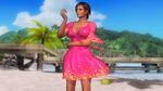  1girl 3d beach breasts brown_eyes brown_hair cleavage coconut dark_skin dead_or_alive dead_or_alive_5 dress female lisa_hamilton nature ocean official_art outdoors palm_tree pose short_hair sky solo sundress tecmo tree 