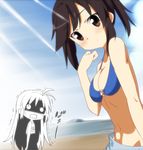  ahoge beach black_hair breast_envy breasts brown_eyes cleavage day gia_kon ichijou_hotaru koshigaya_komari looking_at_viewer medium_breasts multiple_girls navel non_non_biyori o-ring o-ring_top o_o ocean open_mouth rectangular_mouth school_swimsuit smile swimsuit tears 