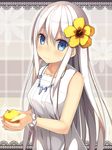  apple bare_shoulders blue_eyes blush dress flower food fruit hair_flower hair_ornament jewelry long_hair looking_at_viewer necklace original samegami silver_hair sleeveless sleeveless_dress smile solo 