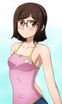  bare_shoulders blush breasts brown_eyes brown_hair camisole glasses gundam gundam_build_fighters hairband highres kenken kousaka_china looking_at_viewer over-rim_eyewear red-framed_eyewear semi-rimless_eyewear short_hair small_breasts smile solo 