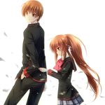  1girl bow brother_and_sister brown_hair little_busters! long_hair natsume_kyousuke natsume_rin pink_bow ponytail red_eyes satou_aoi school_uniform short_hair siblings sleeve_tug 