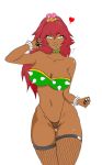  bowsette bra breasts crown dark_skin green_eyes large_boobs panties red_hair solo solo_girl stockings underwear 