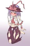  ascot barefoot blush bra breast_hold breasts hat highres lavender_hair medium_breasts nagae_iku navel panties purple_eyes shamisen_(syami_sen) shirt short_hair sitting skirt solo torn_clothes torn_hat torn_shirt torn_skirt touhou underwear wariza white_bra white_panties wrist_cuffs 