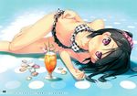  absurdres august bare_arms bare_legs bare_shoulders barefoot bikini black_hair blush breasts calendar_(medium) collarbone covered_nipples crazy_straw drink drinking_straw flower frilled_bikini frills front-tie_top hand_on_hip heart_straw highres huge_filesize kantoku looking_at_viewer lying medium_hair navel on_side original plaid plaid_bikini polka_dot polka_dot_scrunchie purple_eyes scan scrunchie seashell shell shizuku_(kantoku) side-tie_bikini side_ponytail small_breasts solo swimsuit thigh_gap 