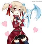  absurdres blush copyright_name heart highres looking_at_viewer pina_(sao) ribbon short_hair silica silica_(sao-alo) simple_background skirt smile sword_art_online tazaki_hayato thighhighs white_background 