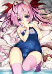  akabane_(zebrasmise) animal_ears bell blush cameltoe cat_ears cat_tail hair_ribbon jingle_bell long_hair looking_at_viewer off_shoulder one-piece_swimsuit original pink_hair pink_legwear purple_eyes ribbon scarf school_swimsuit solo strap_slip swimsuit tail thighhighs twintails 