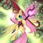  cutie_mark cyanaeolin equine female feral fluttershy_(mlp) flying friendship_is_magic fur glowing green_eyes hair hat horse league_of_legends long_hair looking_at_viewer magic magic_user mammal my_little_pony outside pegasus pink_hair polearm pony smile solo staff thorns vines wings yellow_fur 