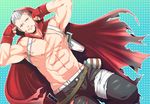  bandages belt blue_eyes boxing_gloves canteen cape facial_hair goatee grey_hair hood male_focus muscle persona persona_3 persona_4:_the_ultimate_in_mayonaka_arena sanada_akihiko scar shibuki_oroshi shirtless shoulder_holster solo 
