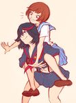  black_hair blue_eyes brown_eyes brown_hair carrying highlights kill_la_kill loafers mankanshoku_mako matoi_ryuuko midriff multicolored_hair multiple_girls navel piggyback school_uniform senketsu serafuku shoes smile suspenders valdgeist 